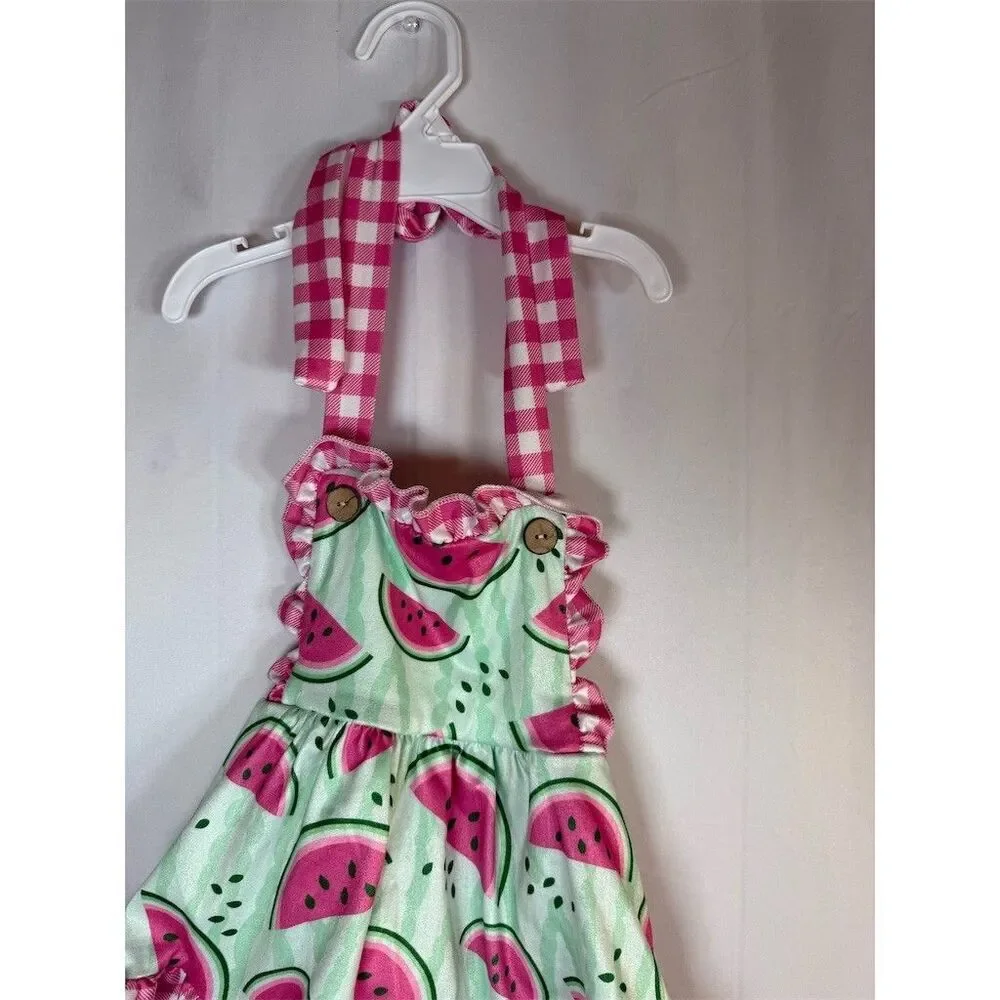 Baby Girl Watermelon Print Romper Dress Pink Gingham Ruffles Tie Straps